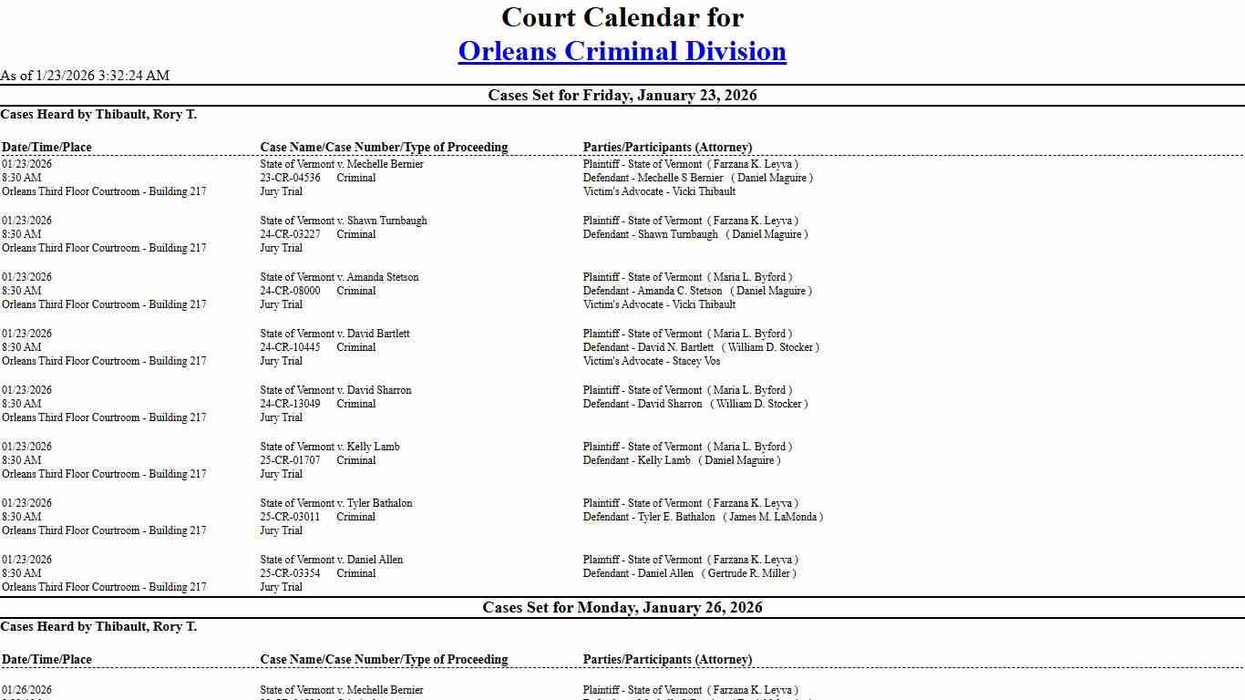 Orleans Criminal Division Calendar